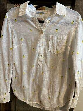 Merona Pineapple Print Button Front Shirt Women’s Medium White 100% Cotton Beach